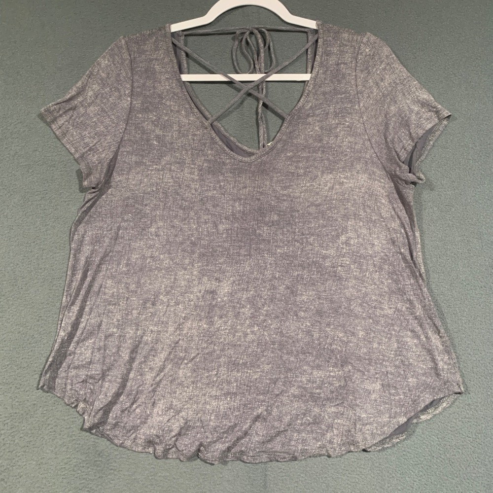 Lazy Sundays Strappy Back Top Womens Medium Gray V-Neck Short Sleeve Boho Casual